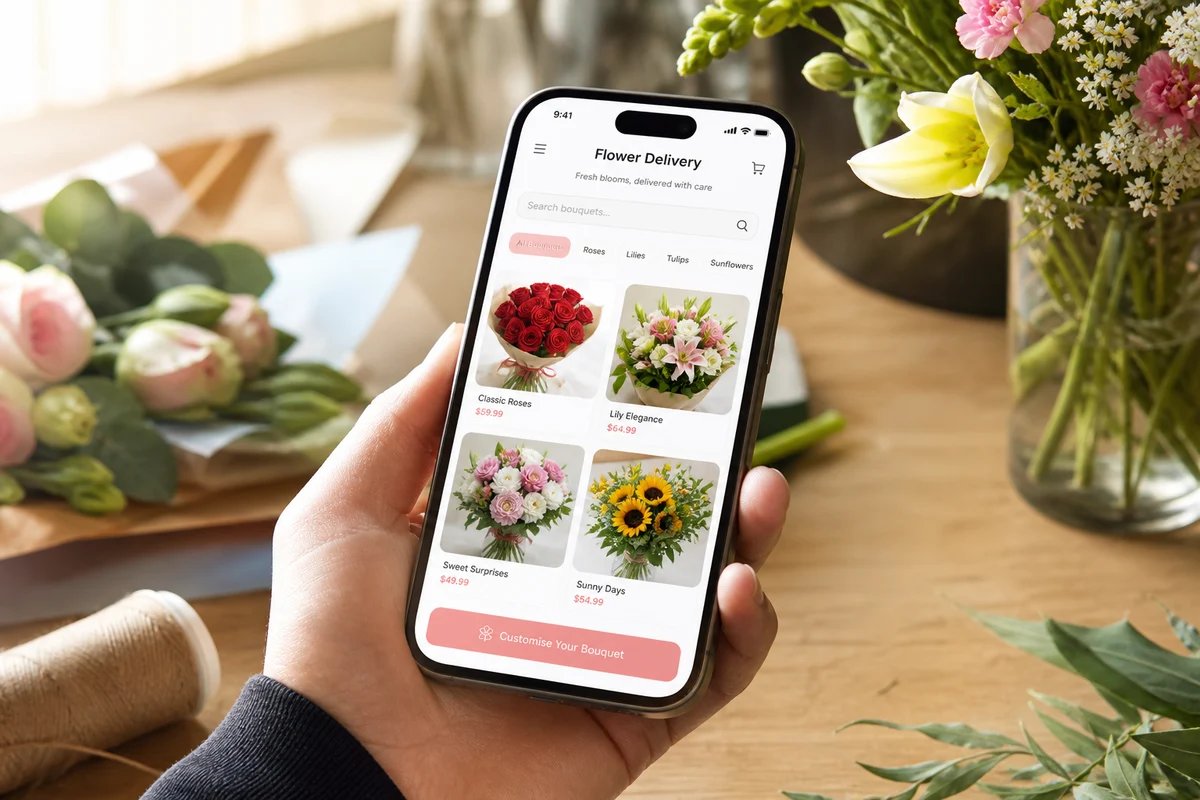 Custom flower delivery app development with bouquet browsing and order tracking