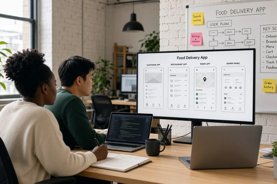 Developers reviewing customer, restaurant, rider, and admin food delivery app wireframes