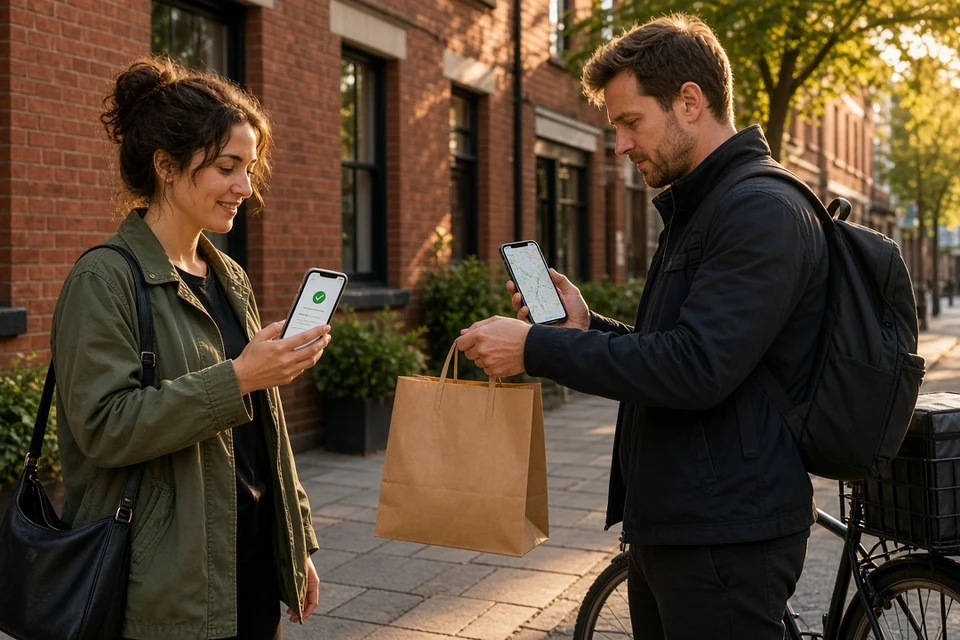 Customer receiving a food order from a bicycle courier using delivery apps on a sunny UK street