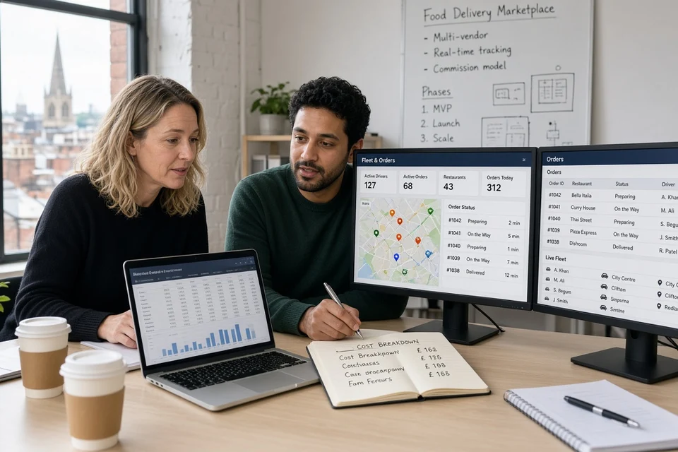 Founder and engineer reviewing food delivery marketplace cost breakdown and fleet order dashboards