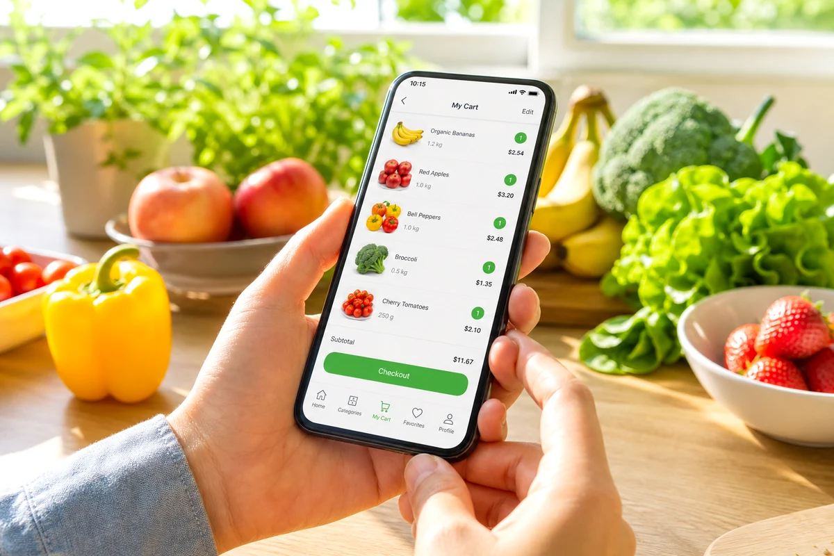 Custom grocery delivery app with product browsing and secure checkout