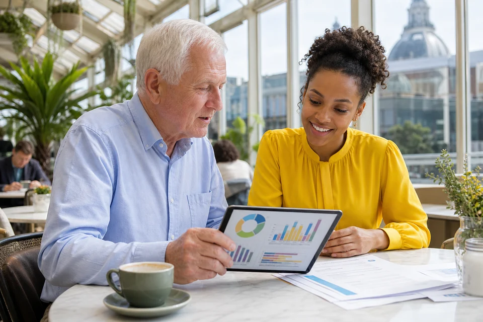 Founder and consultant reviewing a healthcare app budget in a bright Leeds cafe