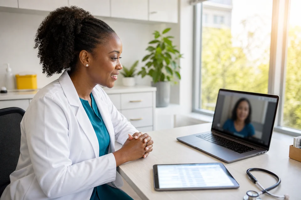 UK GP on a video consultation in a bright clinic, with a tablet showing a blurred health record