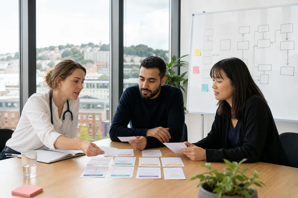 Clinician, developer, and product manager mapping healthcare app workflows in a bright Bristol office