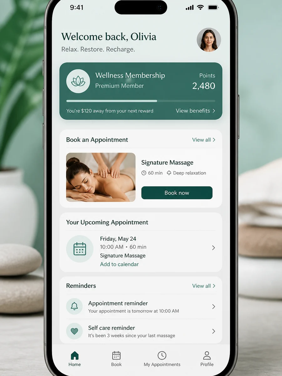 Fresha inspired massage booking app preview
