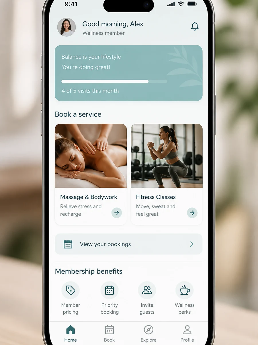 Mindbody inspired massage booking app preview