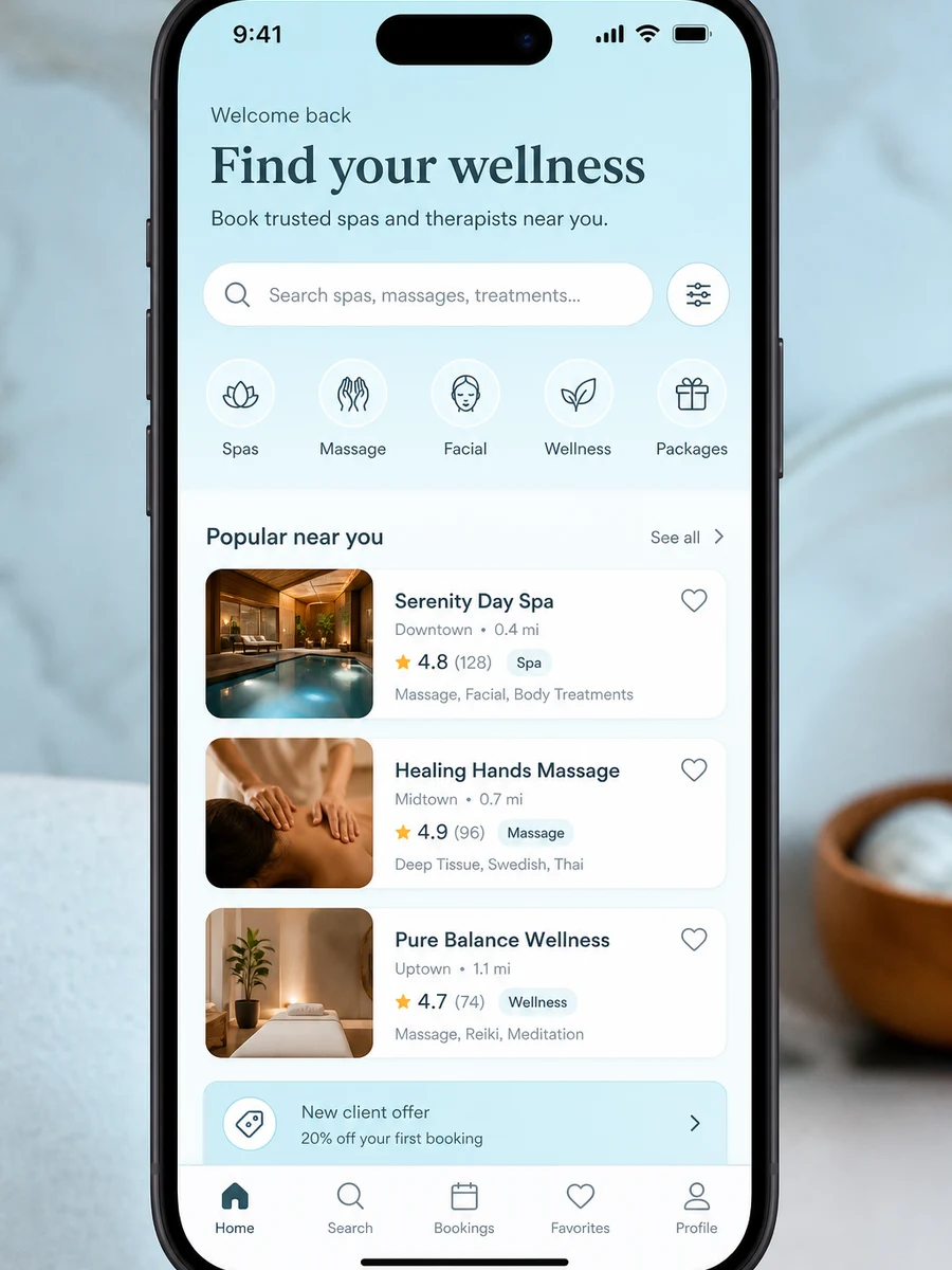 Treatwell inspired massage booking app preview