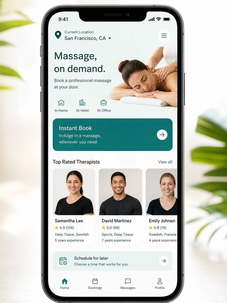 Urban inspired massage booking app preview