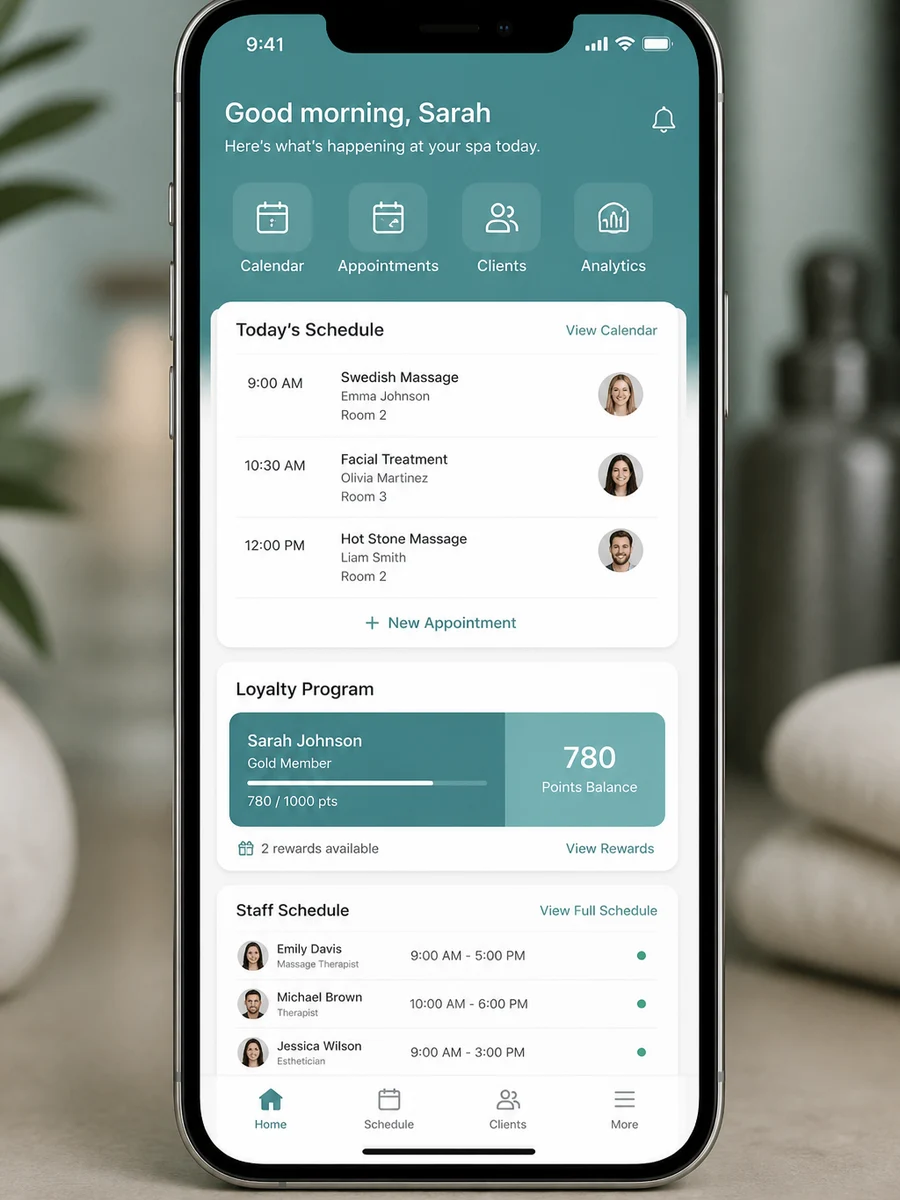 Vagaro inspired massage booking app preview
