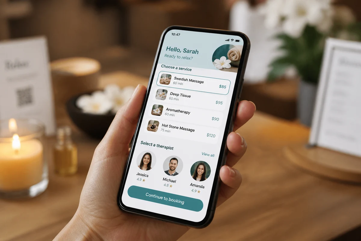 Custom massage booking app development with treatment browsing and appointment scheduling