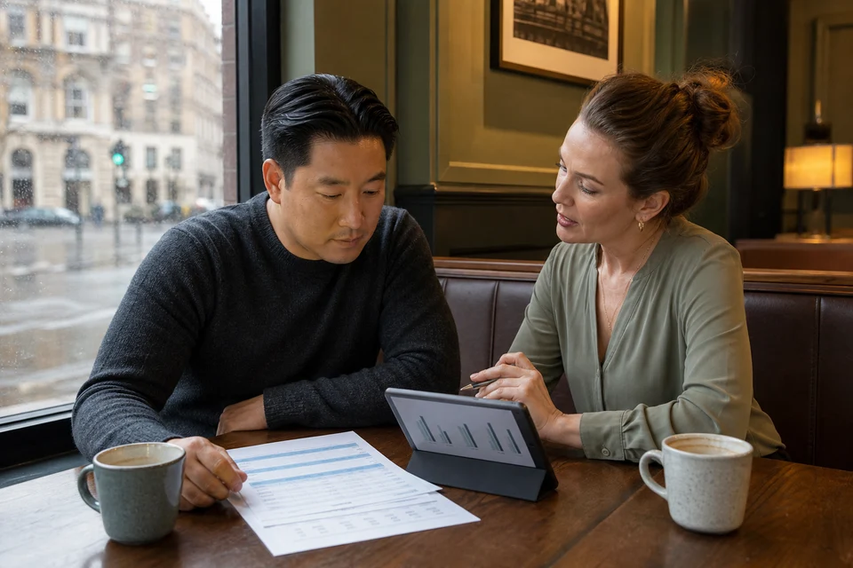 UK founder and consultant reviewing an on-demand app budget in a Leeds cafe