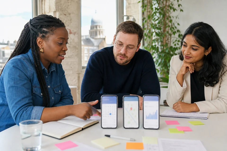UK product team reviewing on-demand booking, tracking, and provider screens