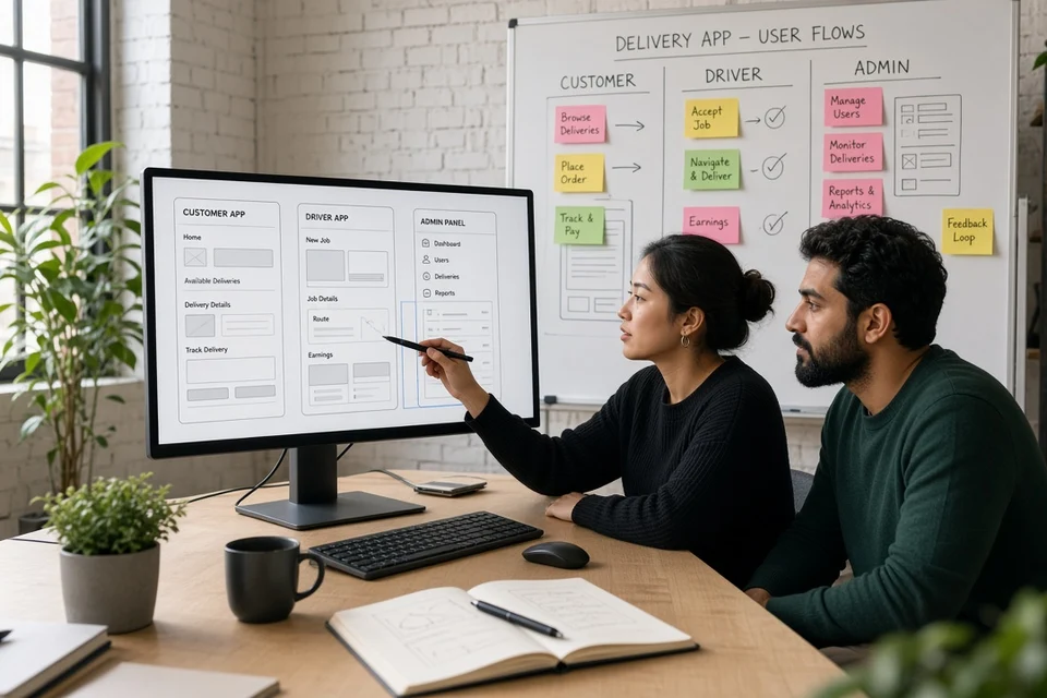 Designers reviewing customer, driver, and admin delivery app wireframes and user flows