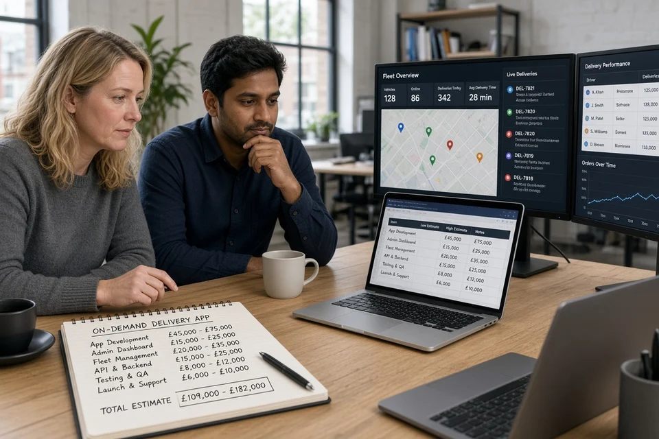 Founder and engineer reviewing delivery app development cost estimates and fleet tracking dashboards