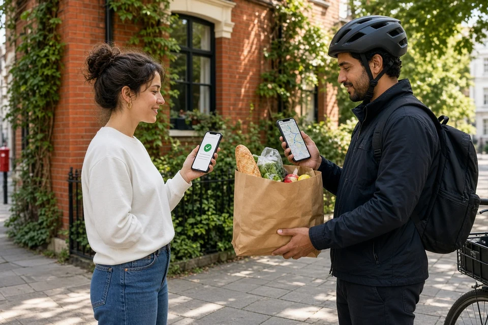Customer receiving a grocery delivery from a courier using delivery apps on a sunny UK street
