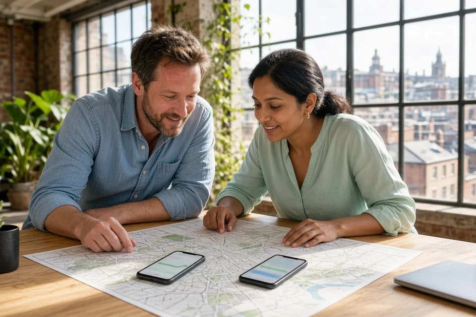 Founders planning delivery zones and a UK delivery app budget in a bright Leeds loft