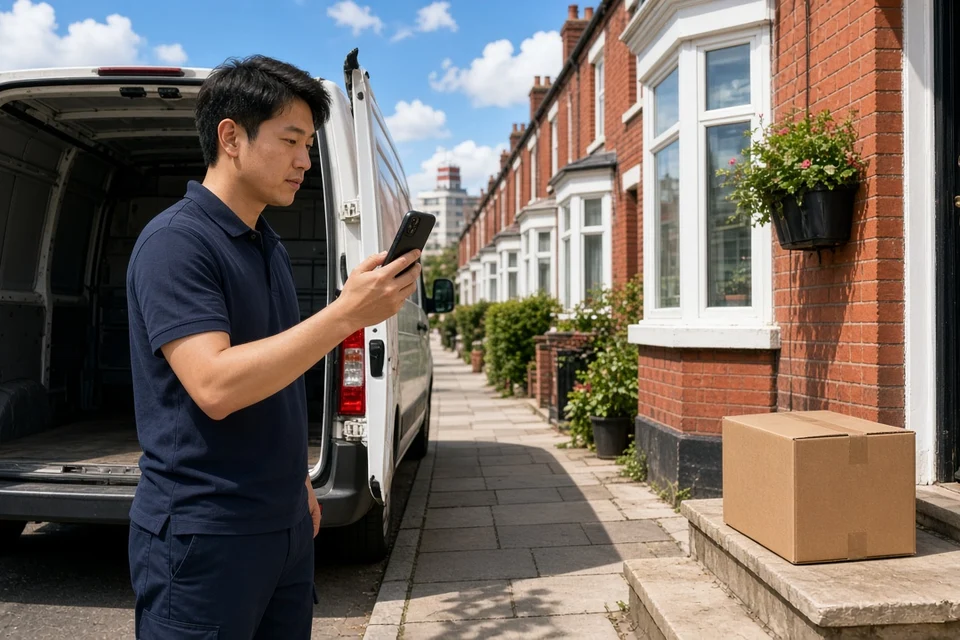 Courier photographing a parcel on a doorstep as proof of delivery on a sunny Manchester street