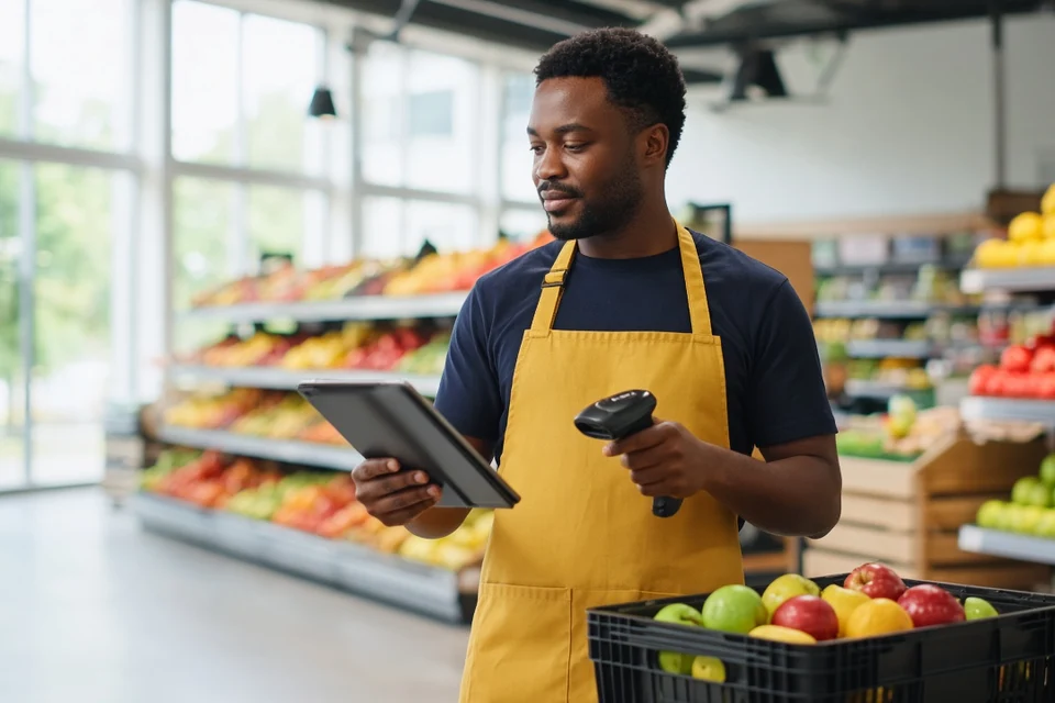 Grocery picker scanning produce into a crate in a bright UK supermarket