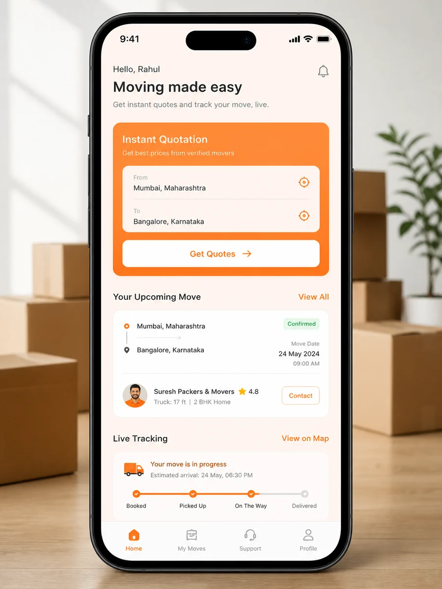 AnyVan inspired packers and movers app preview