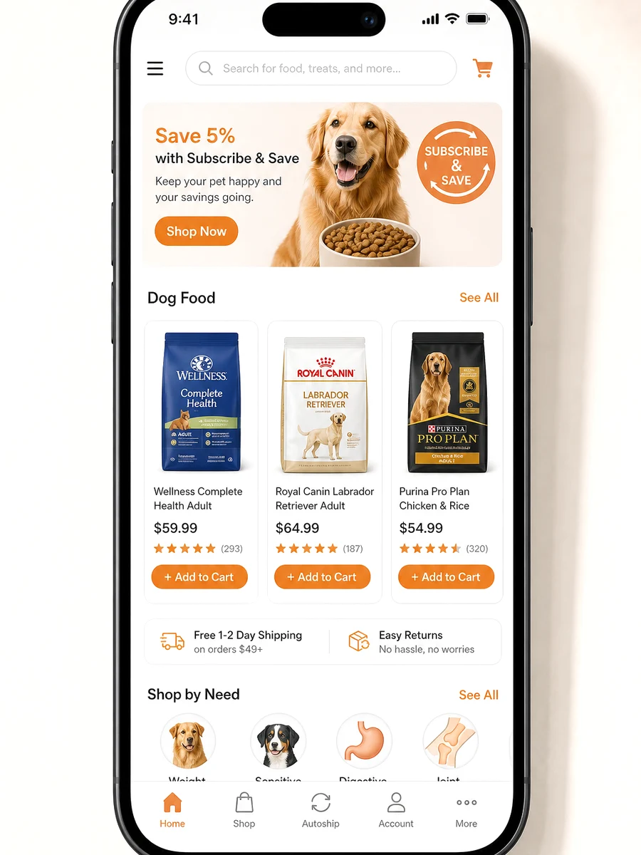 Chewy inspired pet care app preview