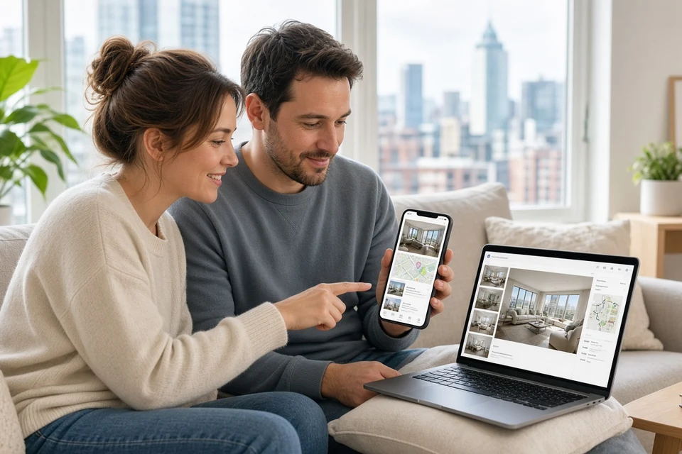 Couple browsing property listings and map search on a PropTech phone and laptop
