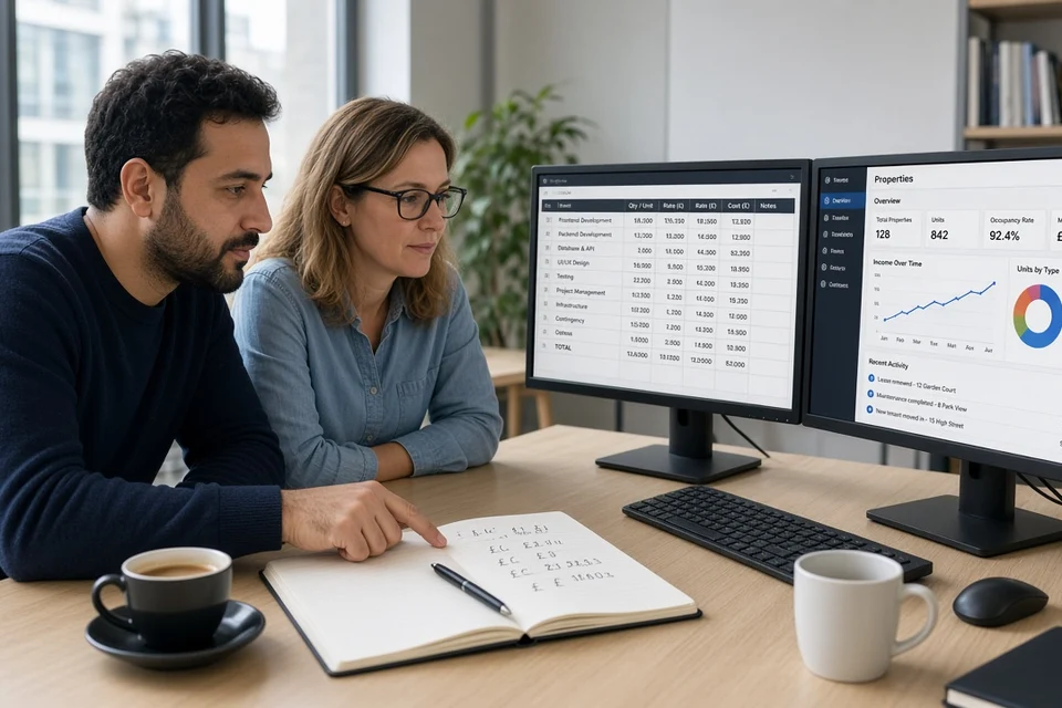 Product manager and engineer reviewing PropTech development budget and property management dashboards