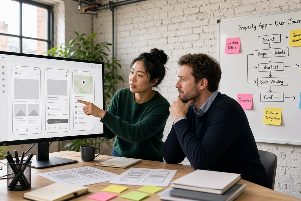 UX designer and developer reviewing PropTech app wireframes and a property user journey whiteboard