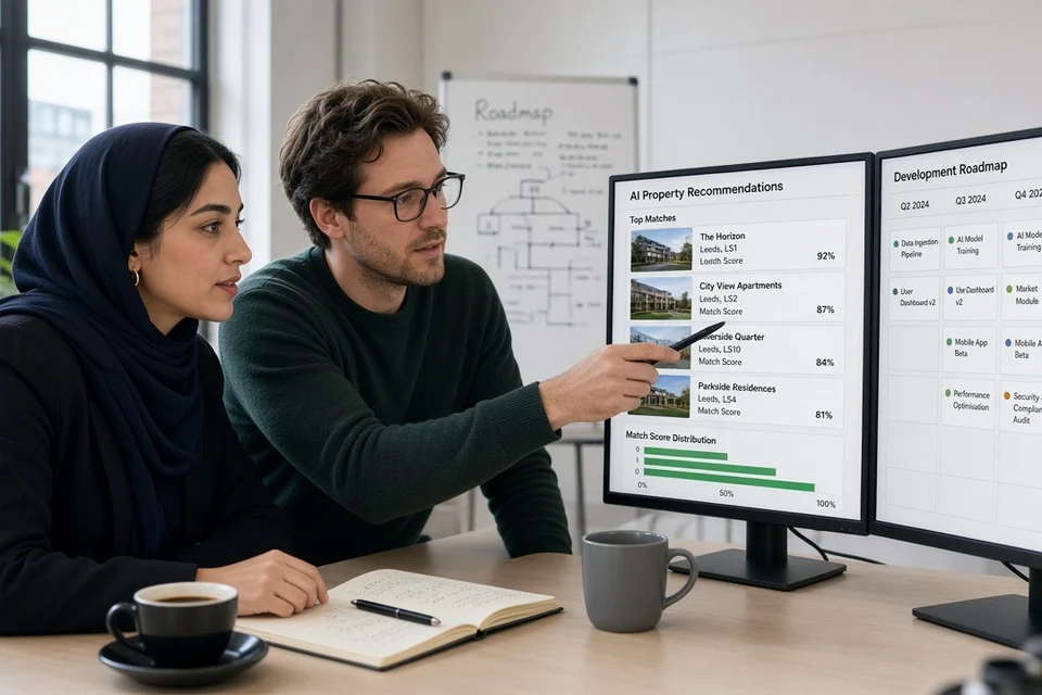 PropTech team reviewing AI property recommendations and a development roadmap on dual monitors