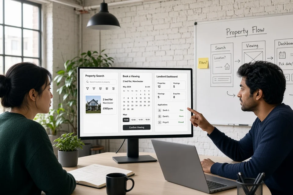 Designers reviewing property search, viewing booking, and landlord dashboard wireframes