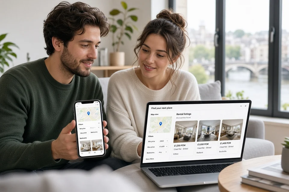 Couple browsing UK rental listings on phone and laptop with map filters