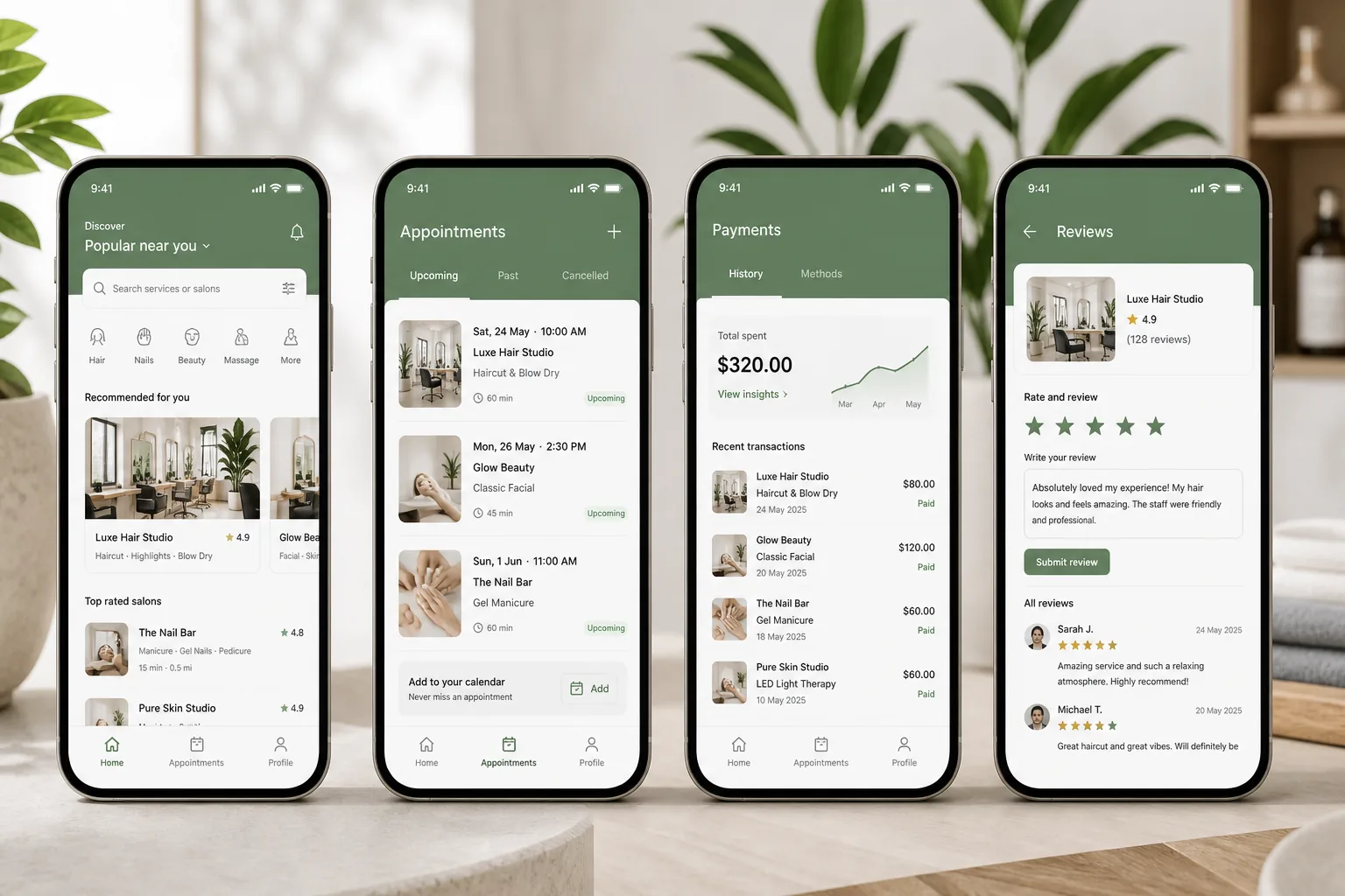 Fresha inspired salon app preview