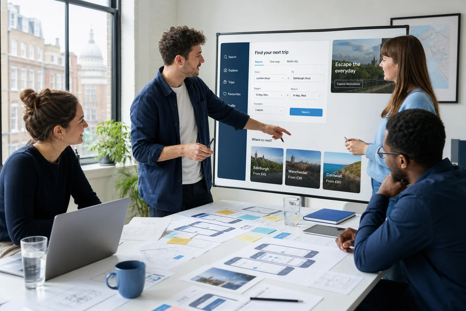 London travel app development team designing a booking platform