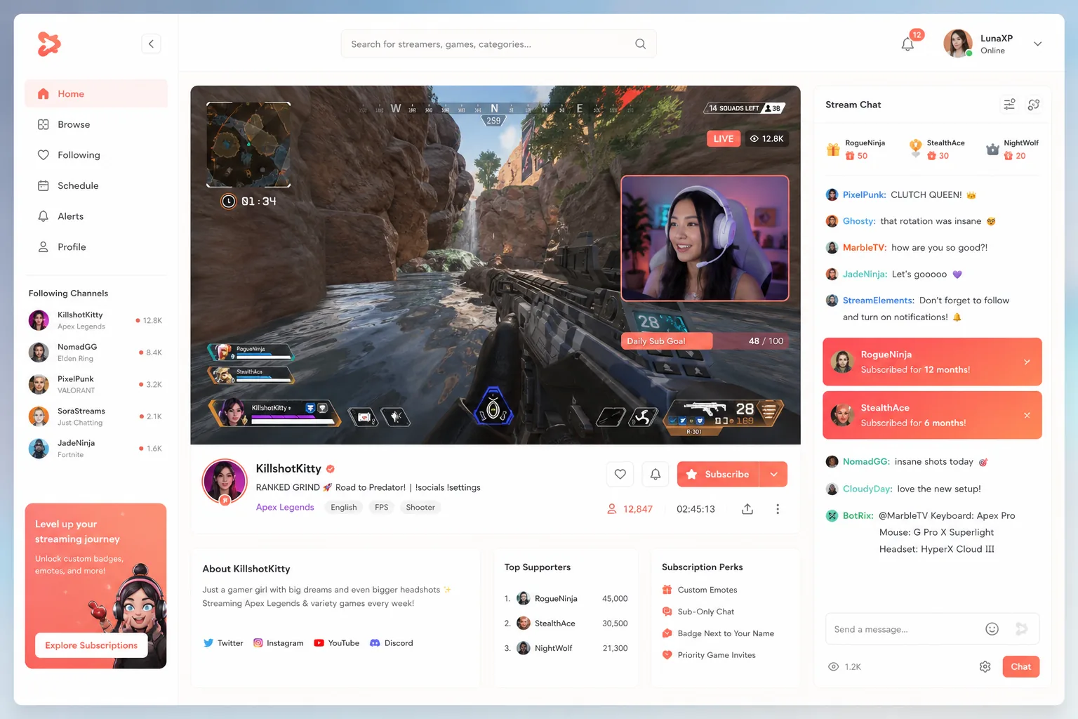 Twitch inspired video streaming app preview