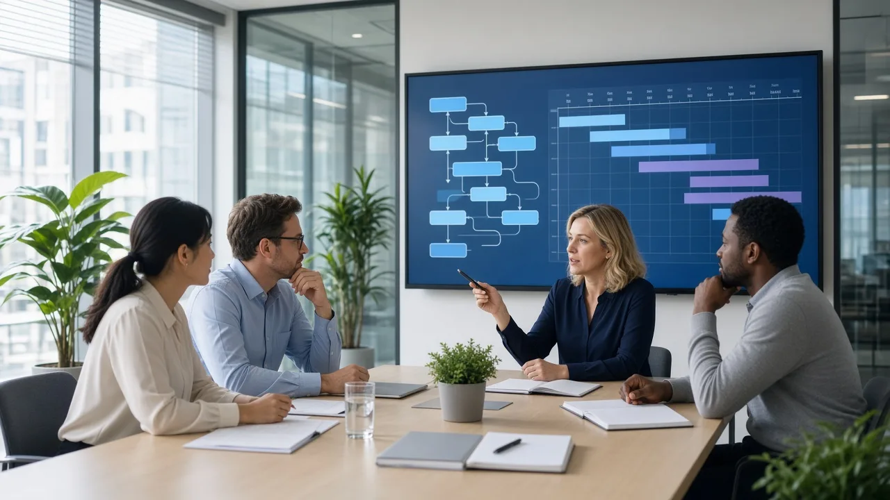 Finance team planning custom accounting software with reporting workflows, integrations, and project timelines in a bright South African meeting room.