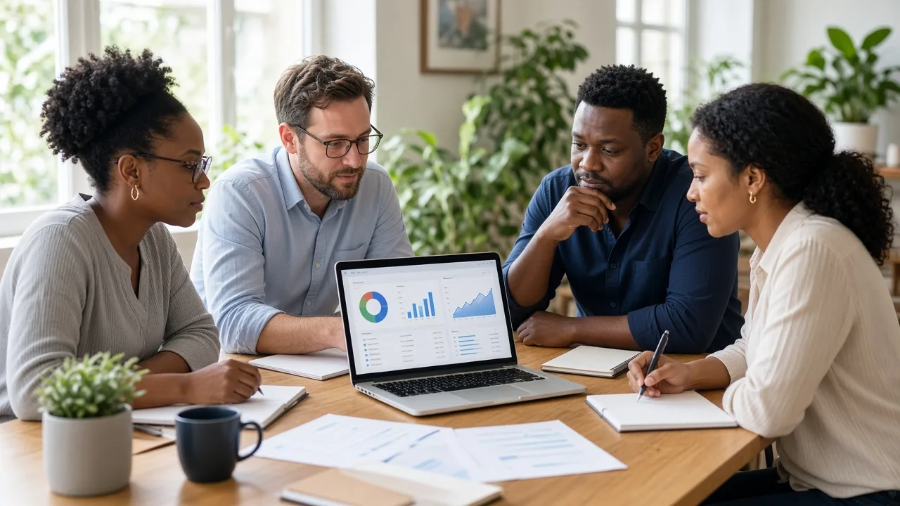 South African finance team collaborating around a laptop displaying accounting reports, expense summaries, invoice records, and cash flow information.
