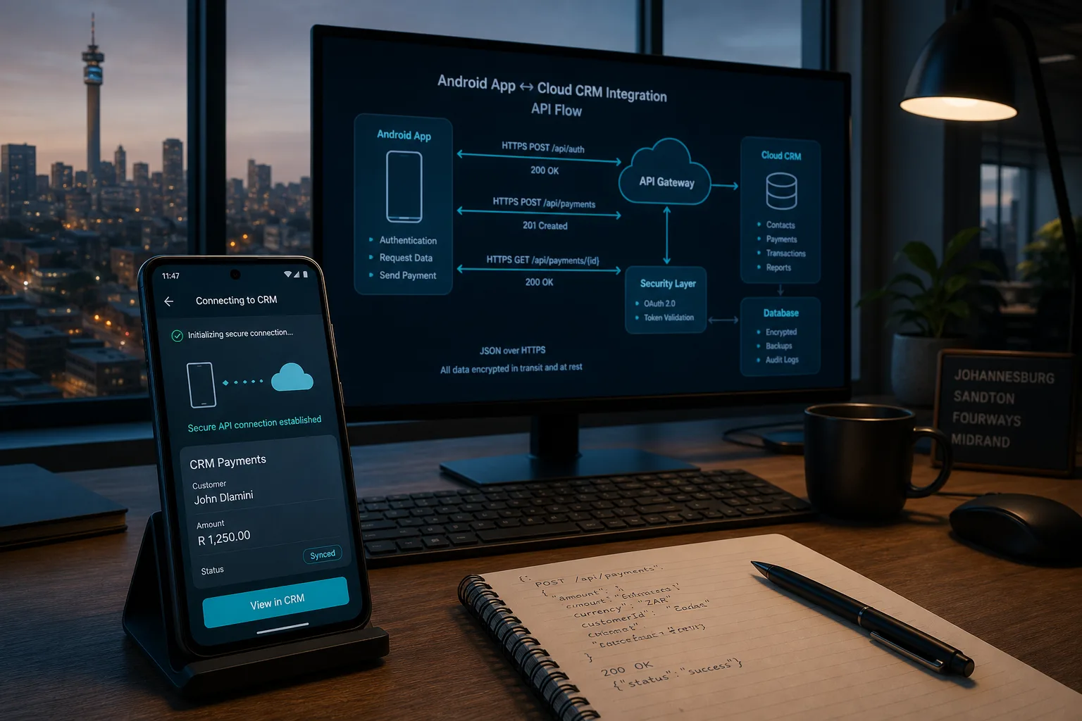 Android engineer coding in Android Studio with API and Firebase integrations on a Cape Town desk