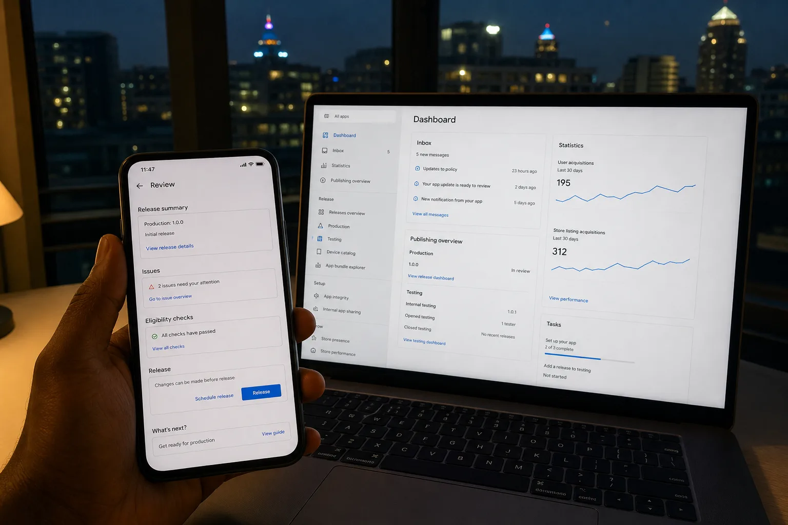 Team preparing an Android App Bundle and Play Store listing before launch