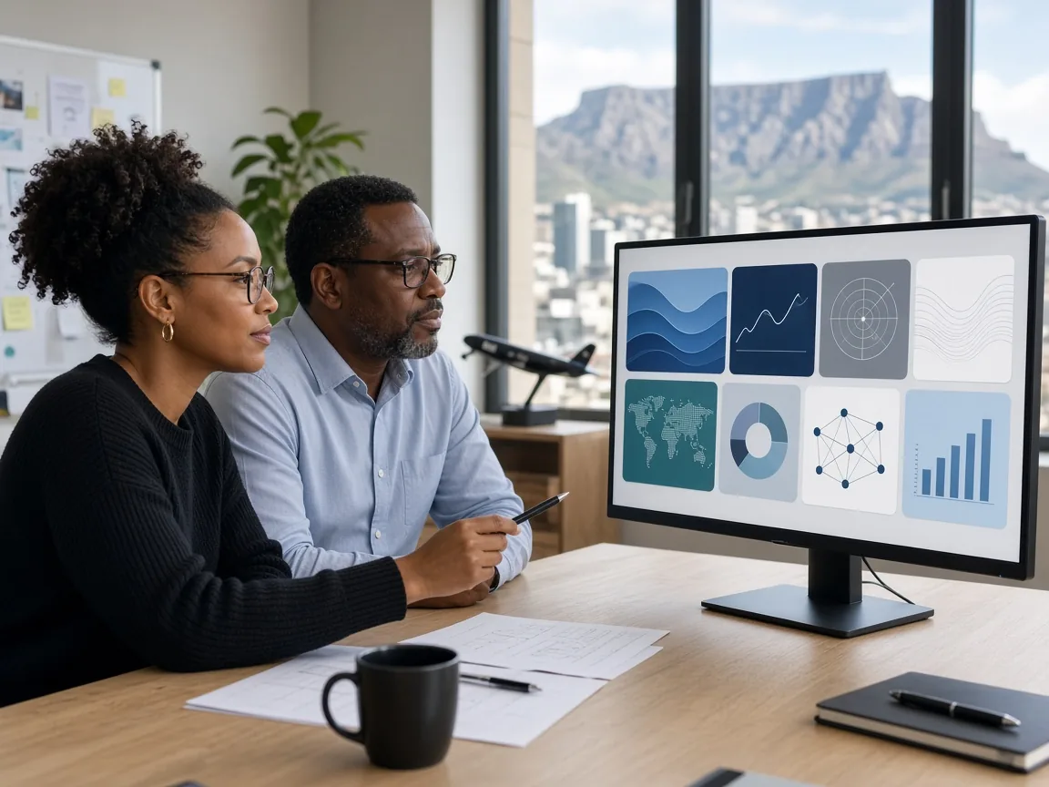 Designer and airline manager reviewing a custom aviation dashboard in a bright office.