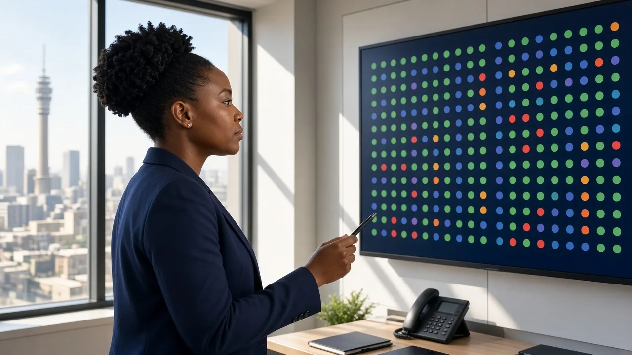 Airline operations coordinator in a bright Johannesburg office reviewing an abstract flight board.