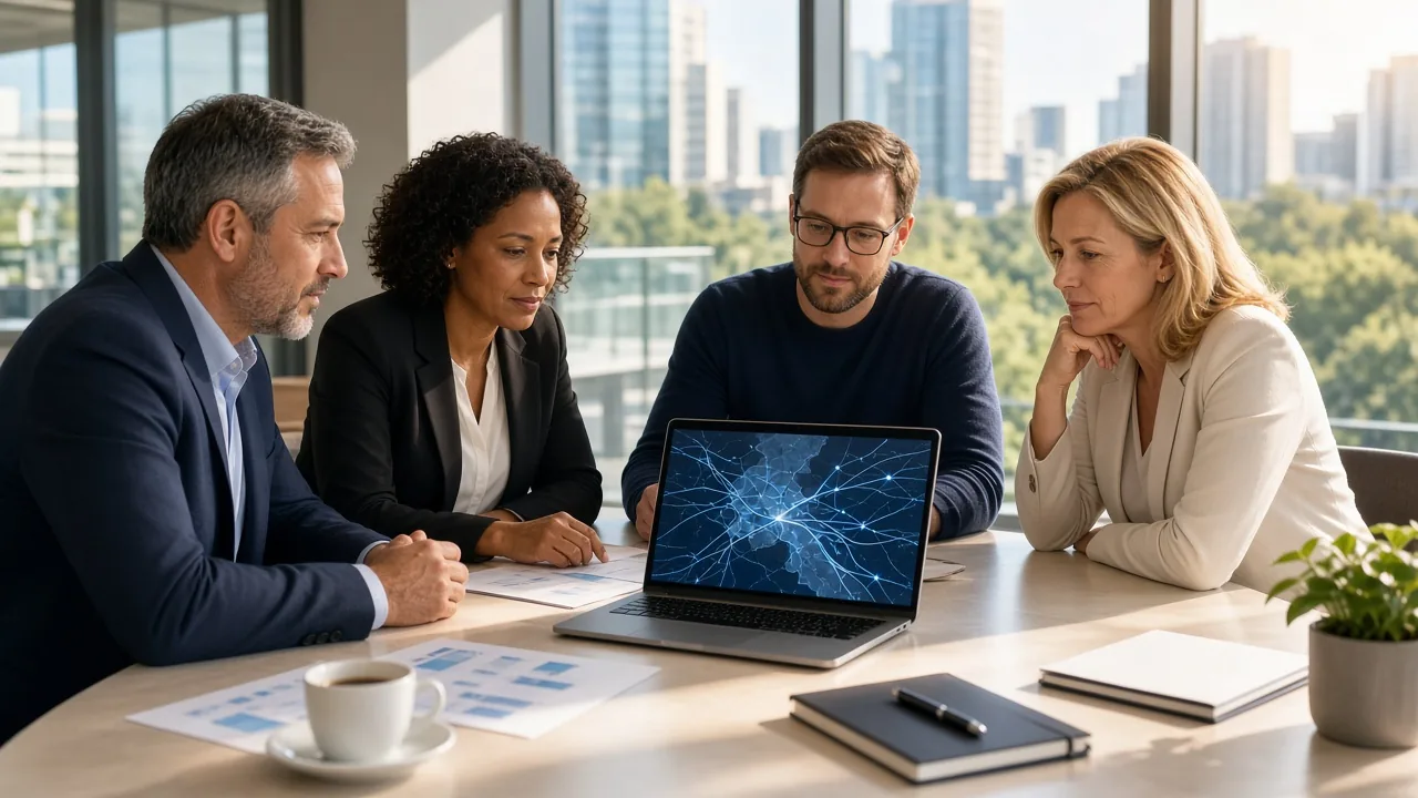 Aviation managers and a developer planning software in a bright Sandton meeting room.