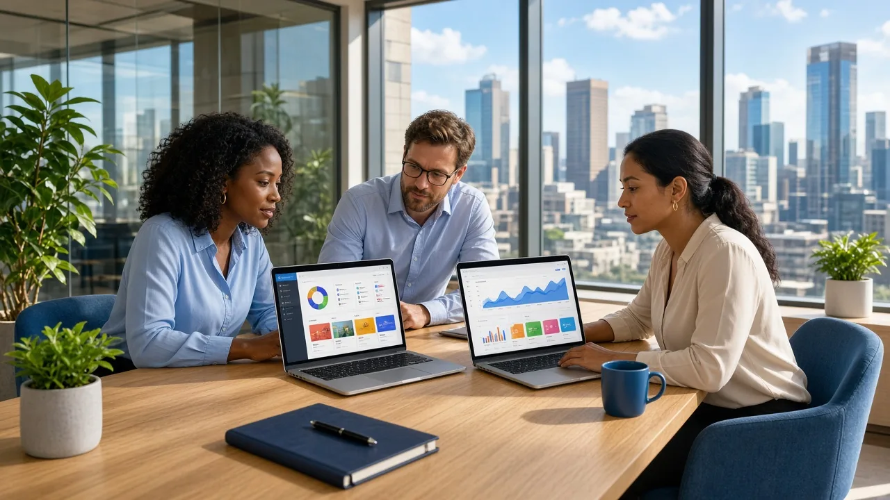 Business professionals reviewing a digital B2B portal on laptops in a modern South African office.