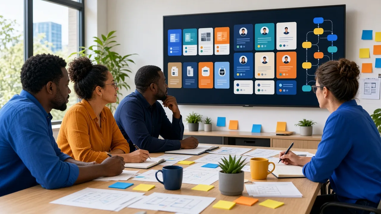 South African business team planning a custom B2B portal with catalogues, partner accounts, and integration workflows on a conference display.
