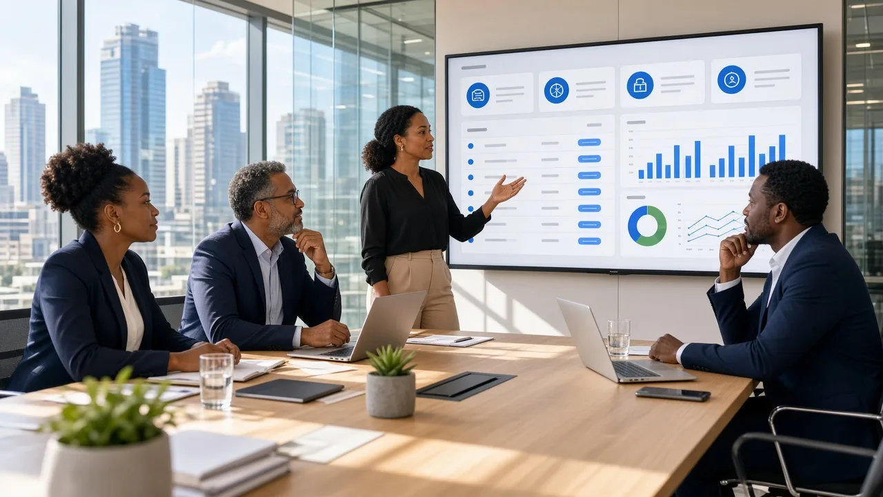 Business team discussing a digital B2B portal with supplier records, wholesale orders, and operational reports displayed on screens.