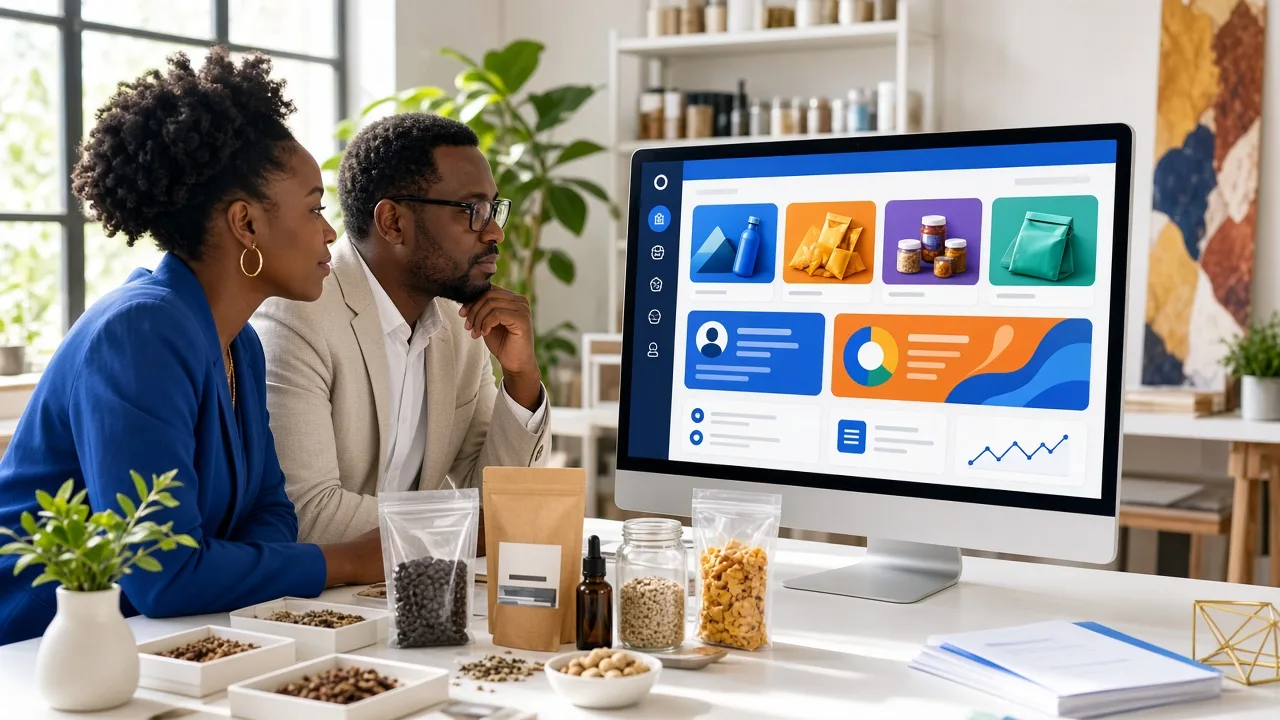 Business professionals reviewing a customised B2B portal with product listings, customer accounts, and order management dashboards.