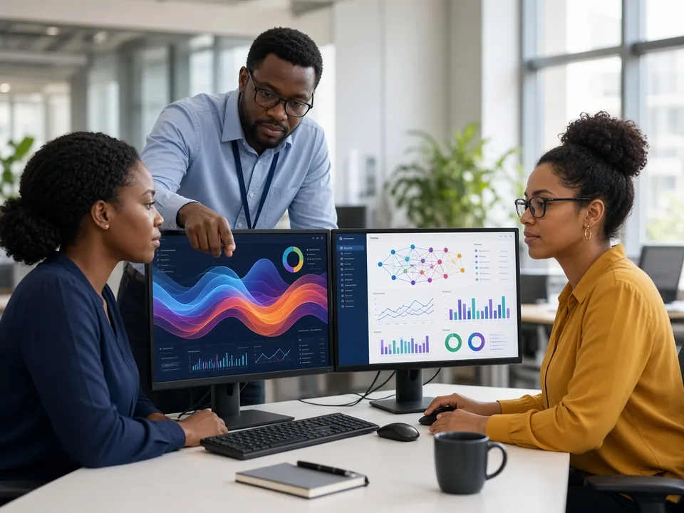 Banking analysts reviewing AI fraud detection and customer service automation dashboards in a bright Durban office