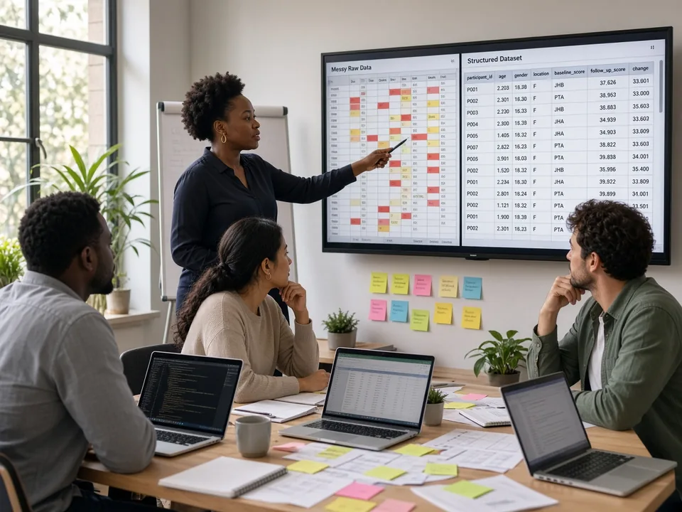 Data team cleaning messy spreadsheets into structured datasets before an AI pilot in Johannesburg