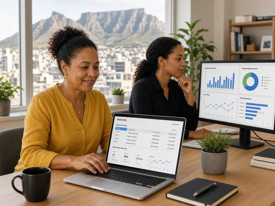 South African small-business owner using AI tools to automate invoices in a bright Cape Town office