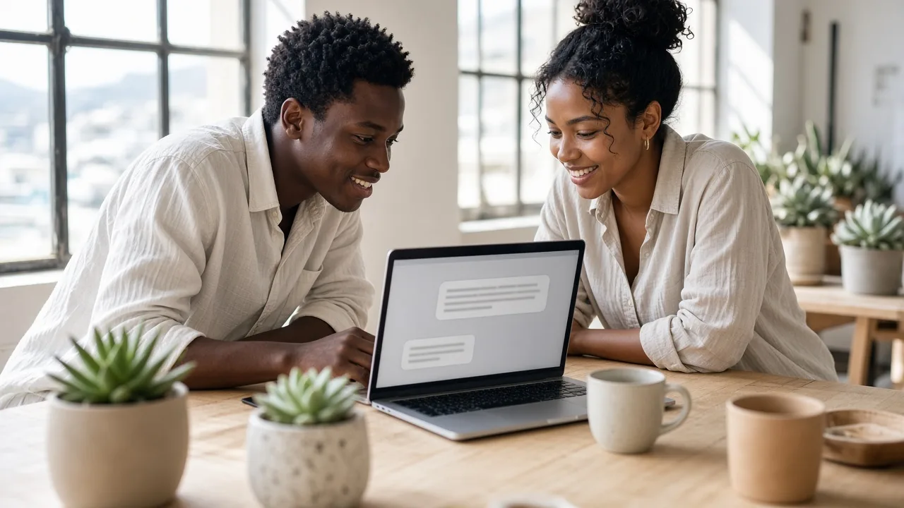 Two colleagues in a bright Cape Town studio reviewing a chatbot layout on a laptop