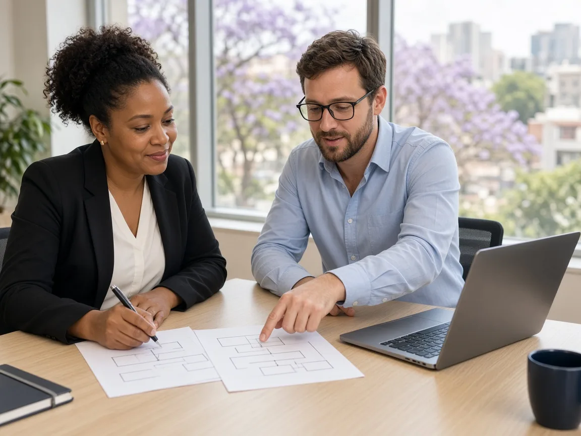 Business owner and consultant reviewing a process diagram in a bright Pretoria office with jacarandas outside