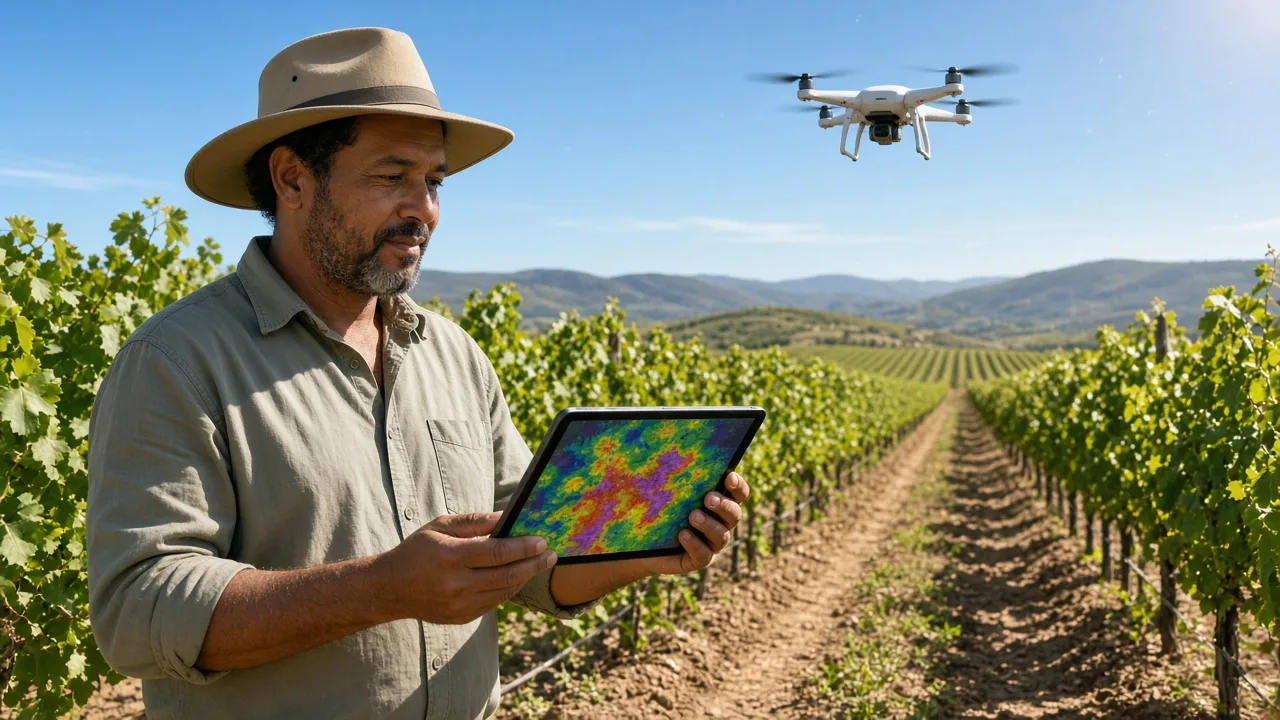 Agronomist in a sunlit Western Cape vineyard checking a crop-health map on a tablet while a drone flies over the vines